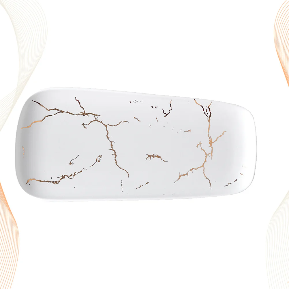 

Ceramic Gold Rim Tray White Jewelry Plate Rectangular Small Size Marble Design Western Food Dessert Dish Party Decor Wedding