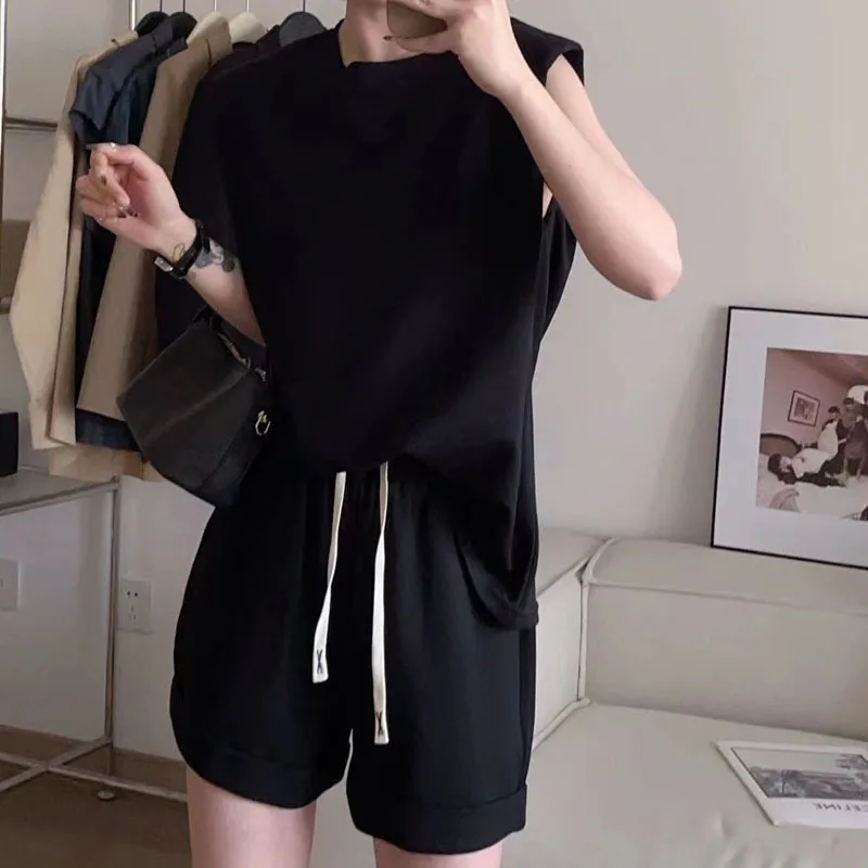 Shorts Suit Women Soft Breathable Sleeveless T-Shirt Elastic Waist Wide Leg Short Fashion Versatile Simple Round Neck Tracksuits