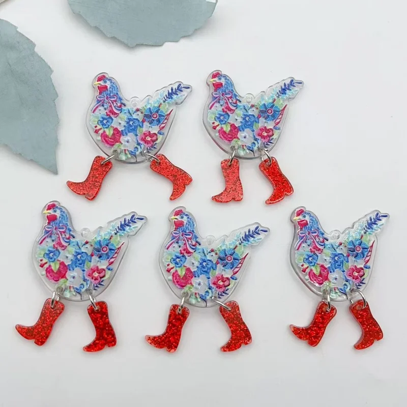 5Pcs Floral Chicken Acrylic Pendants Hen with Red Glitter Boots Charms Handmade DIY Jewelry Accessories