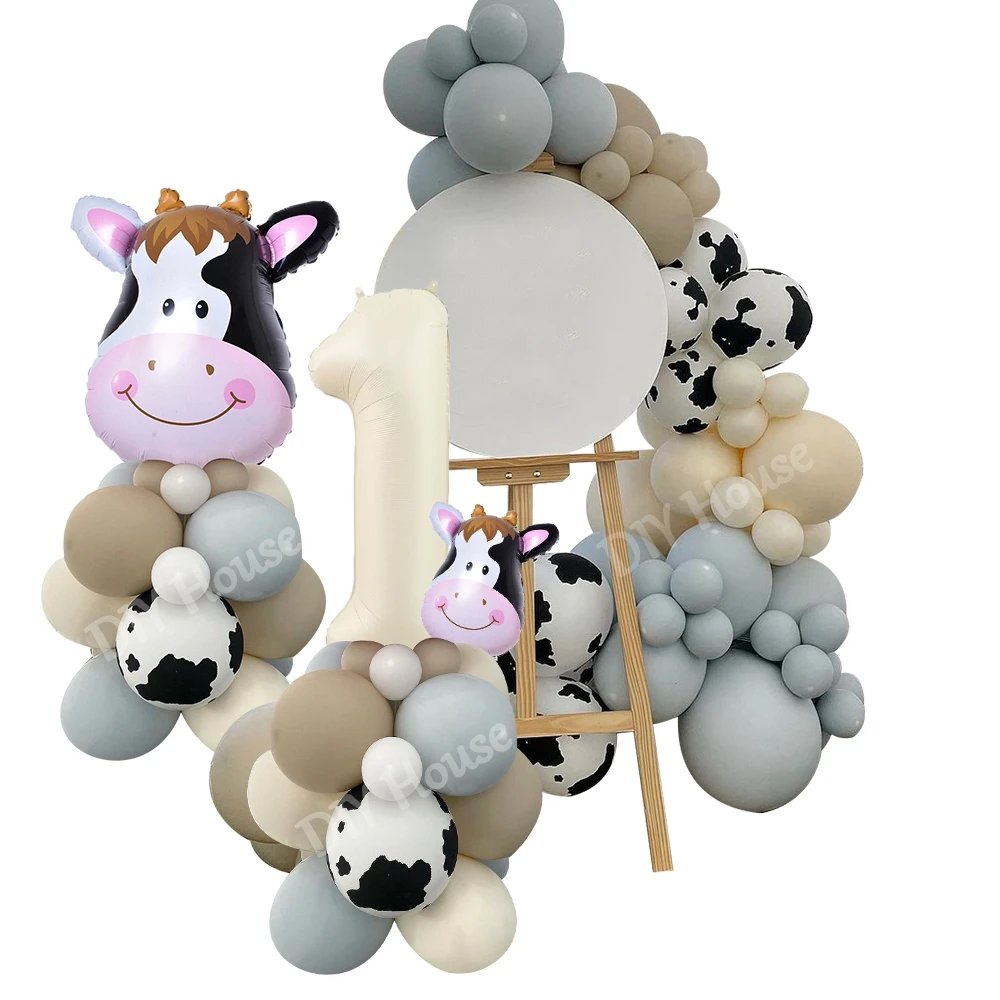 1 Satz Bauernhoftier-Karton-Schwein-/Kuhballons, cremiger Folien-Zahlenballon für Kinder, Bauernhof-Themen-Tier-Geburtstagsdekorationen, DIY-Ballon