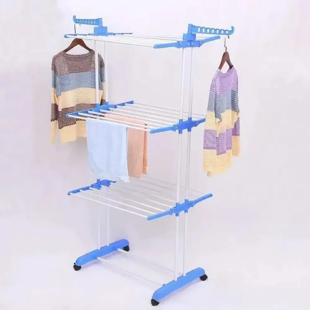 Coat Rack Foldable Floor Standing Towel Racks Stainless Steel 3-Layer Clothes Hanger Household Multifunctional Clothes Shelves