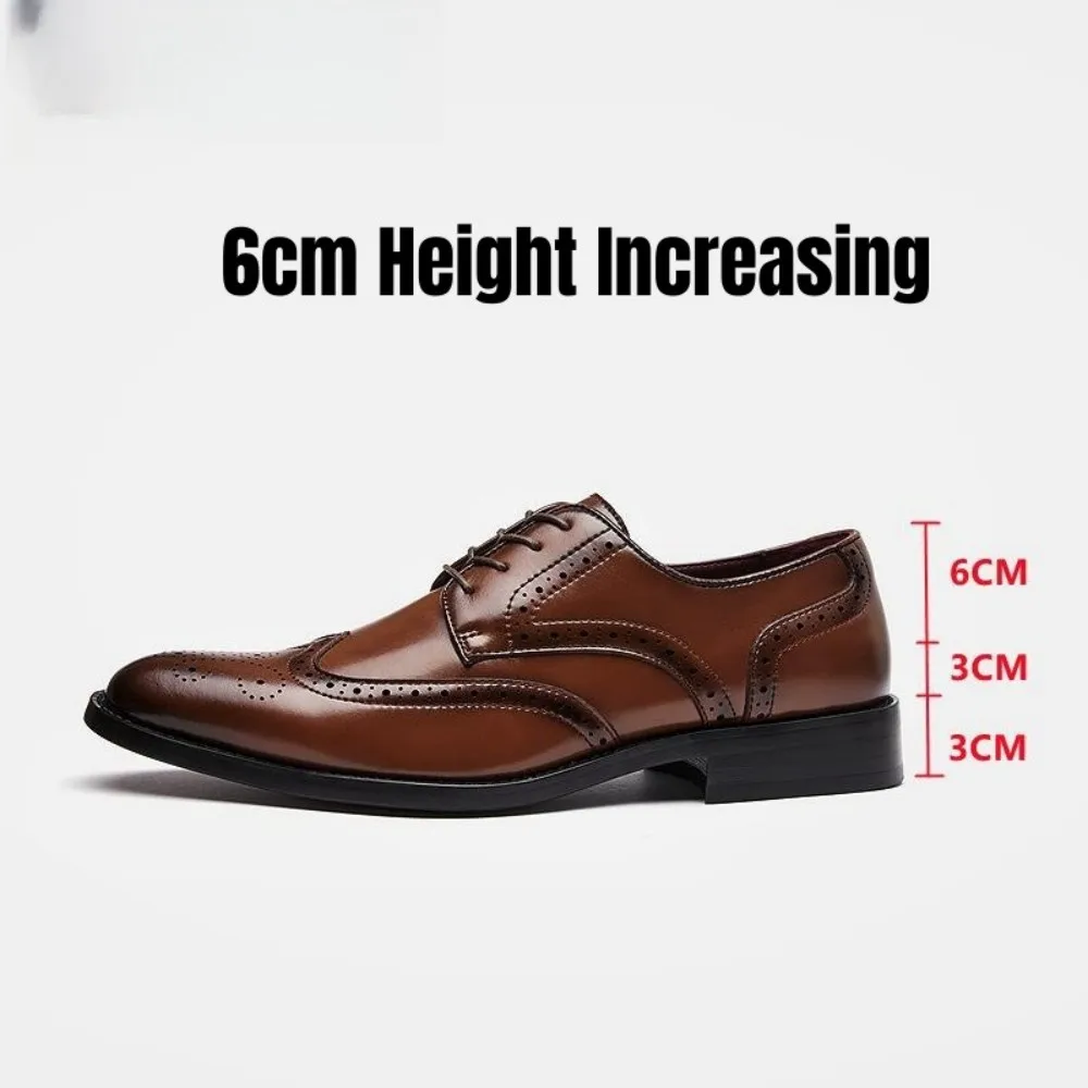 

PDEP New British Style Lace Uup Block Carved Leather Shoes Height Increasing 6cm Men's Business Dress Derby Zapatos Para Hombre