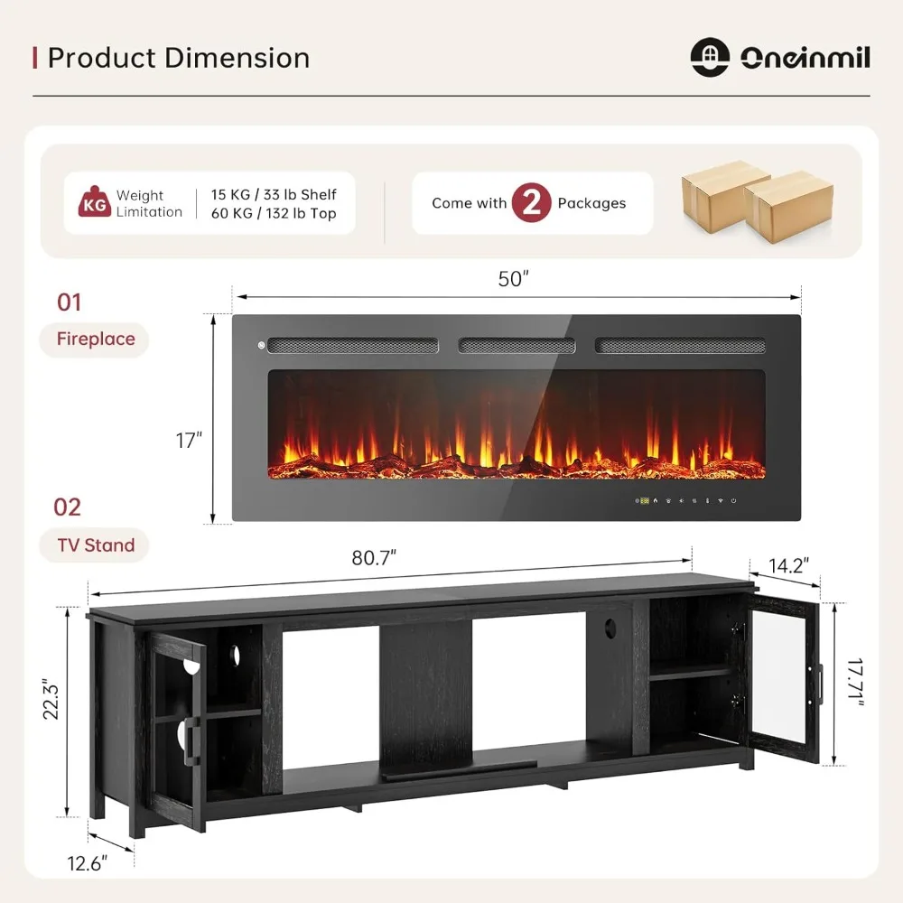 80 Fireplace TV Stand, 50 Inch Smart Fireplace & Modern Entertainment Center, Fire Place TV Console with WI-FI Enabled