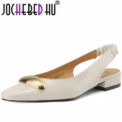 【JOCHEBED HU】Women Genuine Leather Square toe slingback commuter shoes office girls commuter toe sandals fashionable Versatile