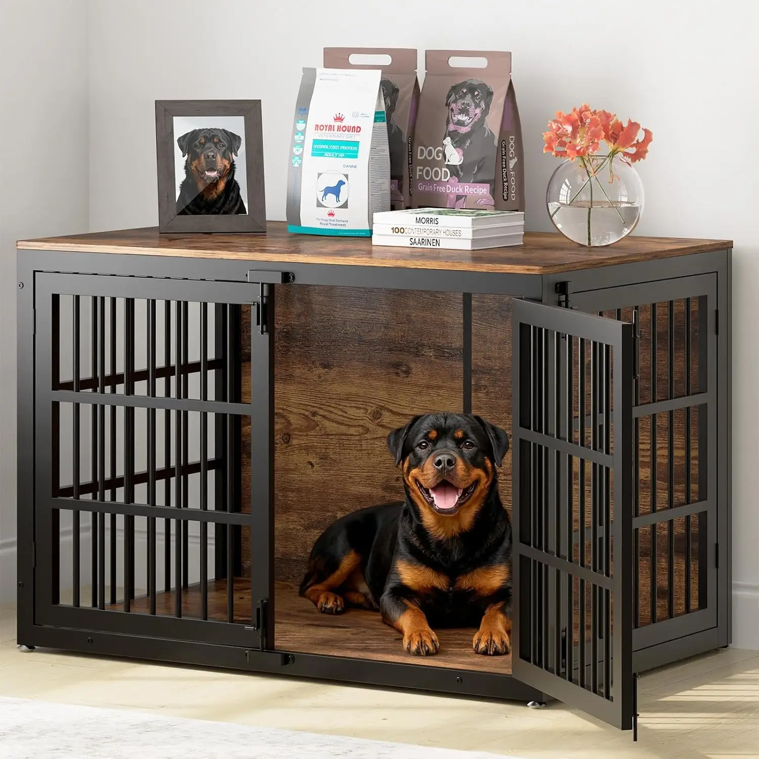 

48" Heavy Duty Dog Crate Furniture for Extra Large Dogs, Wooden XXL Dog Cage Kennel Furniture with Side Door, Indoor