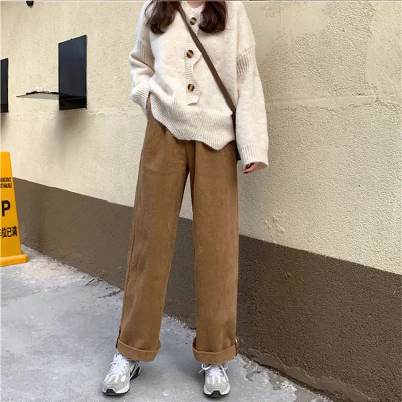 Korean Fleece Wide Leg Pants Female Autumn Winter New Preppy Style Straight Loose Elastic Waist Casual Trousers All-match Pants