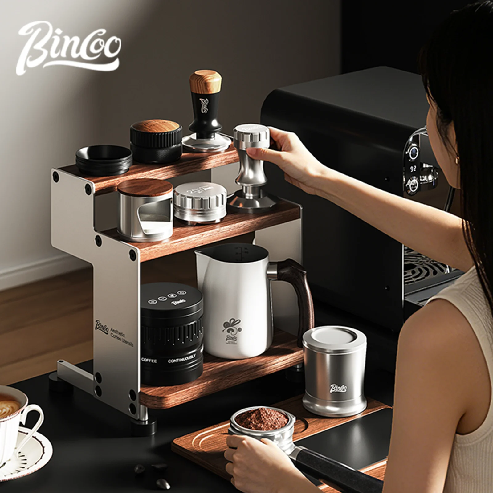 Bincoo Gexu Multi-Tier Solid Wood Coffee Storage Cabinet – Organizer Rack for Coffee Tools, Light Luxury Machine Stand