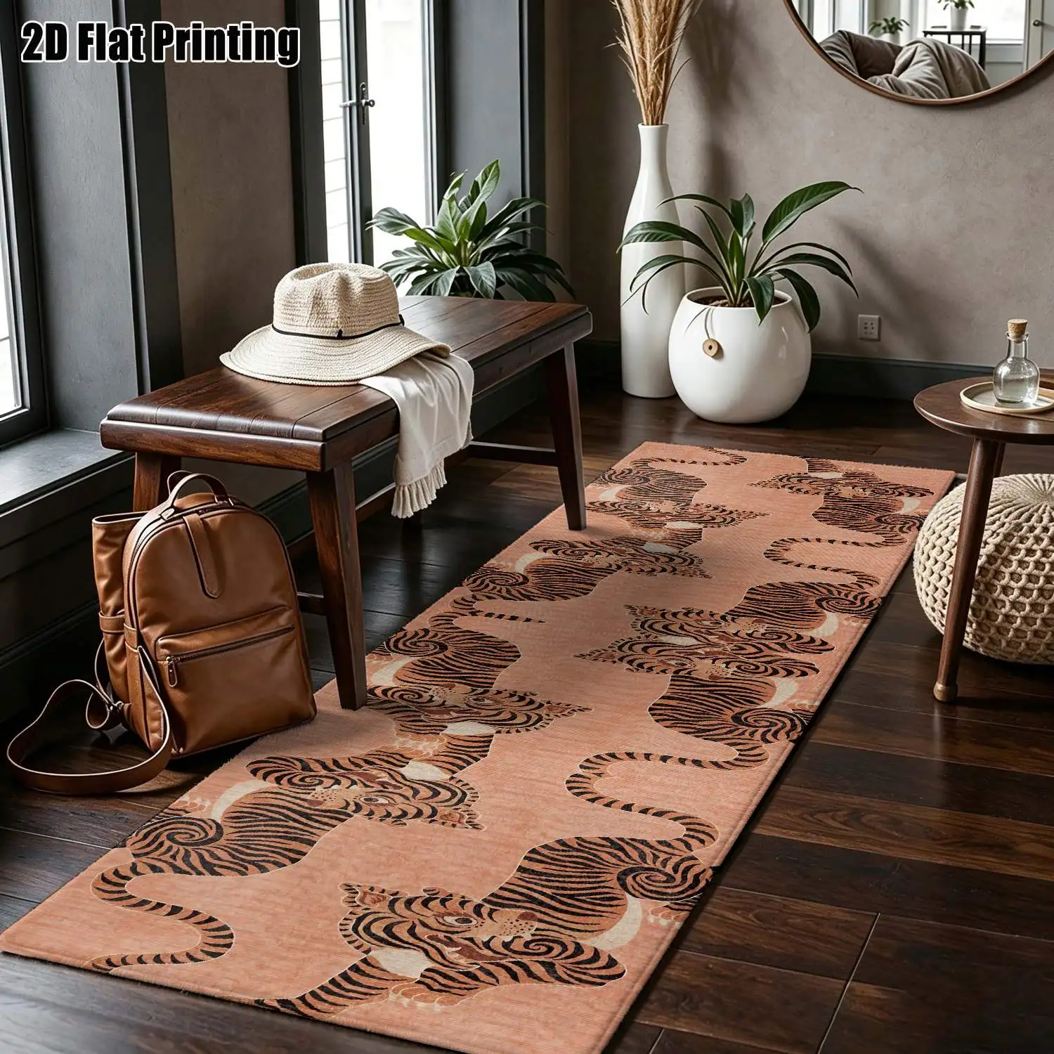 1Pc 2D Printed Pink Tiger Pattern Long Strip Rug: Nordic Modern Simple Vintage Geometric Strip Home Decor Rug, Machine Washable, Multi-Size for Entryway, Corridor, Living Room, Bedroom