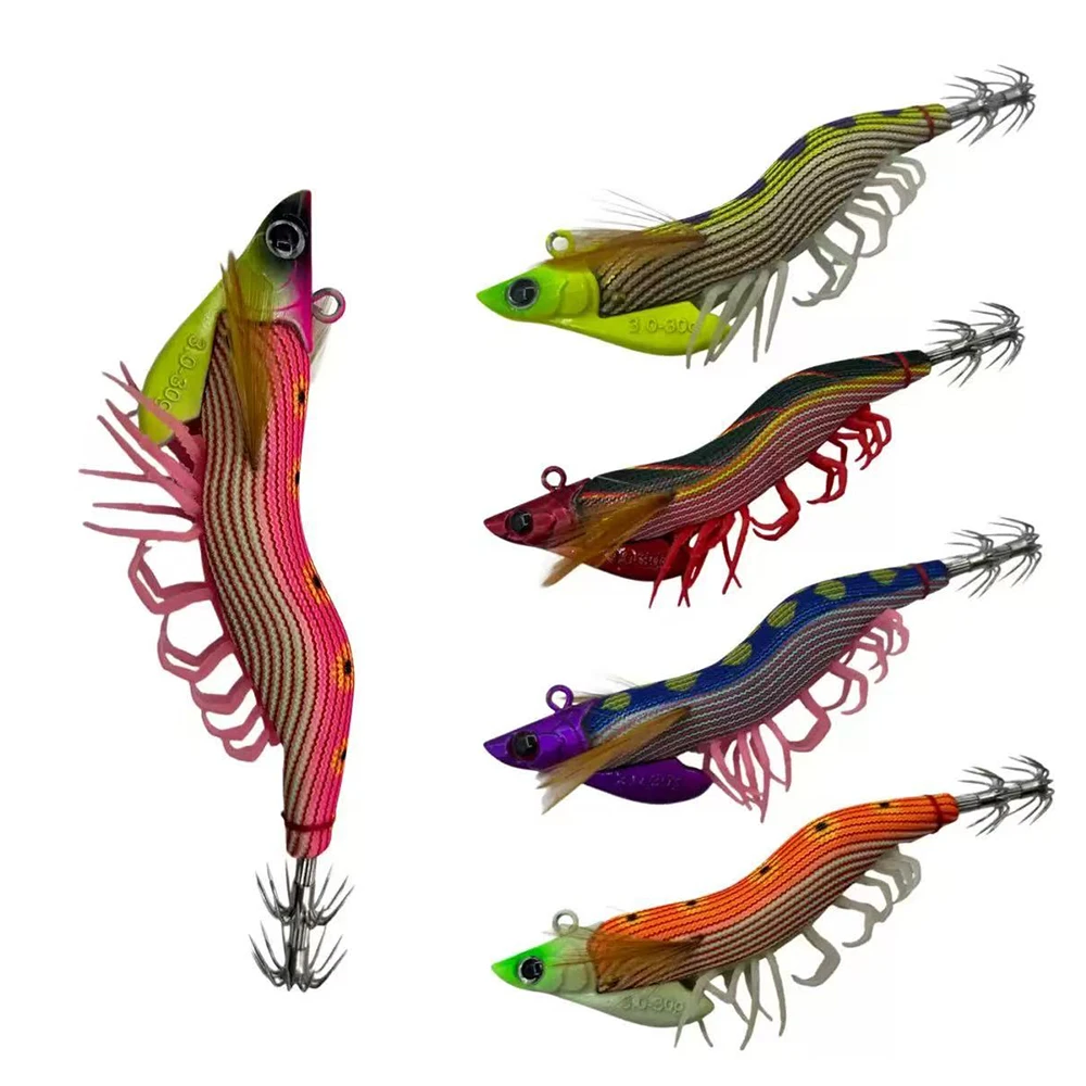 Lead Head Squid Jig Paulownia Wood Shrimp Lure UV Luminous Soft Legs Fast Sinking Egi Hook Saltwater Boat Fishing Octopus Bait