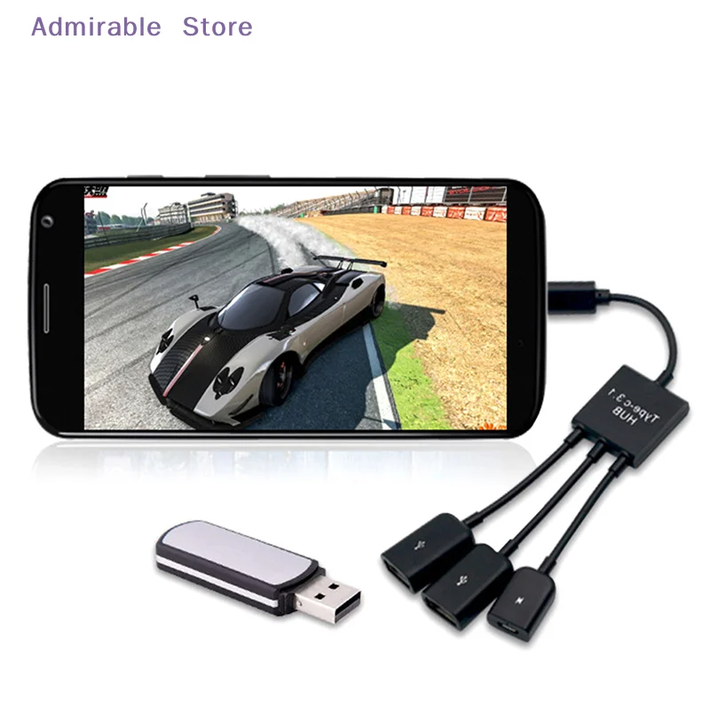 [W]3 In 1 Micro USB Type C HUB Male To Female Double USB 2.0 Host OTG Adapter Cable For Smartphone Computer Tablet 3 Port