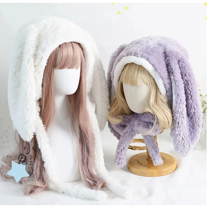 Japanese Sweet Loppy Bunny Eared Rabbit Cap Lolita Earmuffs Cap Fluffy Warm Winter Fleece Hats