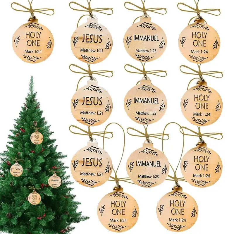 12pcs Jesus Christ Pendant Wood Nativity Ornament Christmas Tree Decoration Wooden Savior Name Hanging Ornaments Home Decor