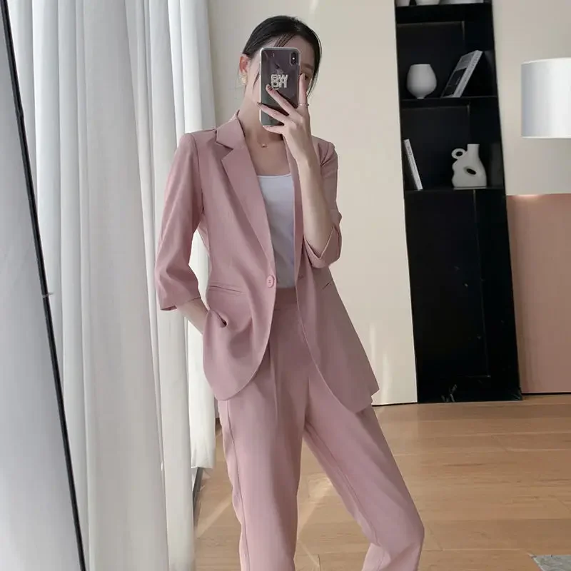 

Pink Ladies Trouser Comfortable New Matching With Sleeve Cheap Top and Bottom Full Korea Stylish Women's Pants Two Piece Set