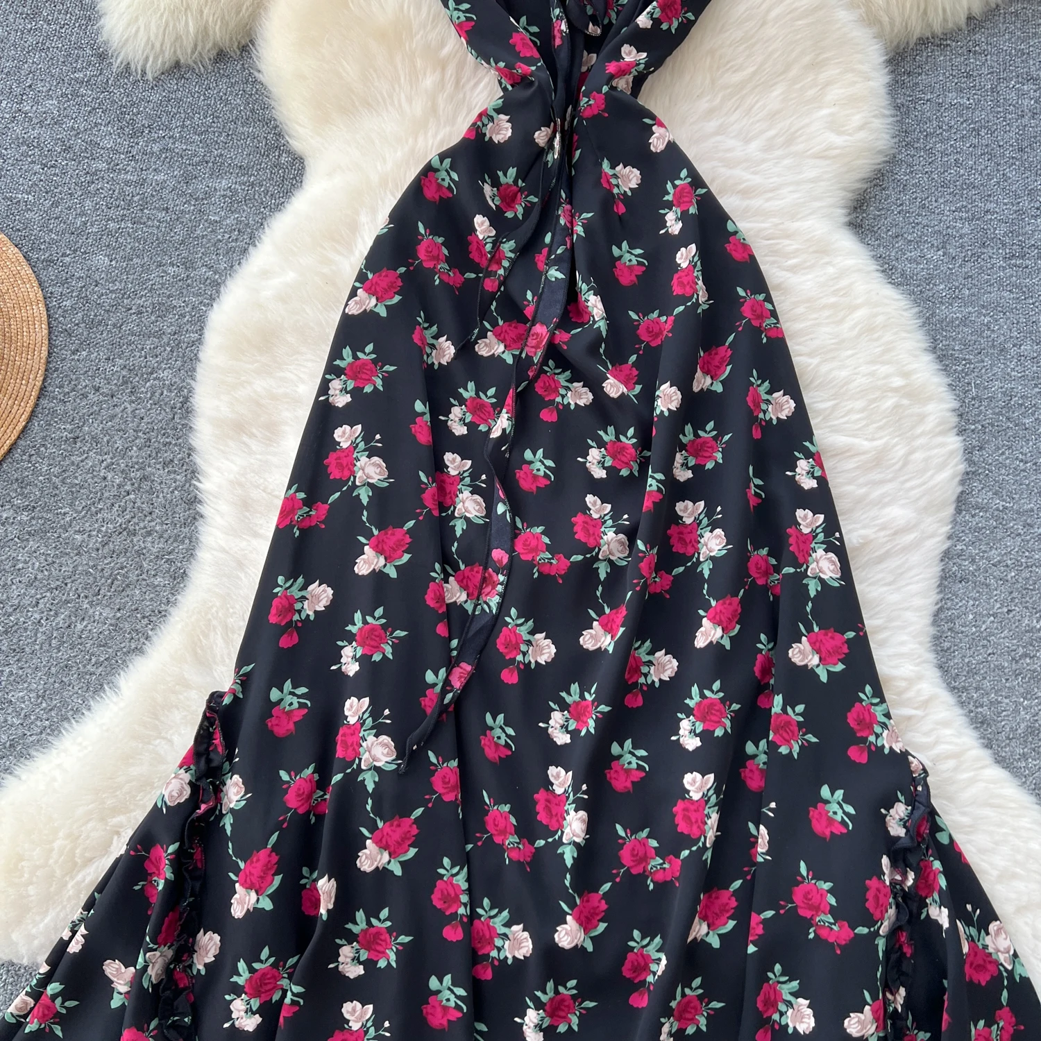 Elegancka sukienka w stylu vintage z szyfonu, dekolt w serek, bez rękawów, z nadrukiem, dopasowana, w stylu koreańskim, boho, długa sukienka letnia, odzież damska.