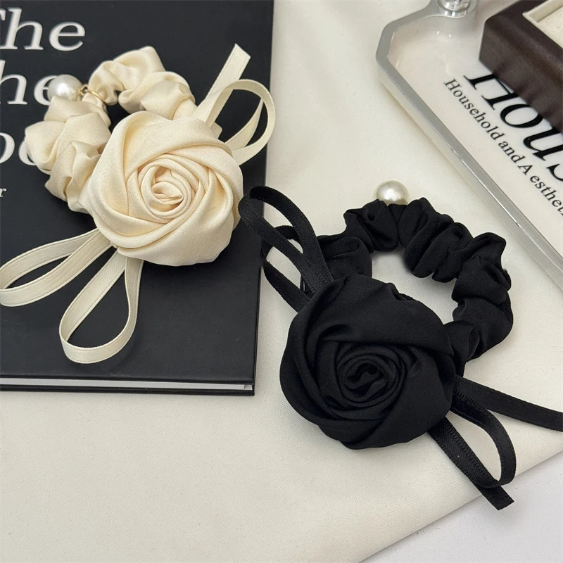 French Flower Hair Bands Hair Tie Satin Rose Hair Rope Elegant Scrunchies For Women Korean Style Headwear Hair Accessories