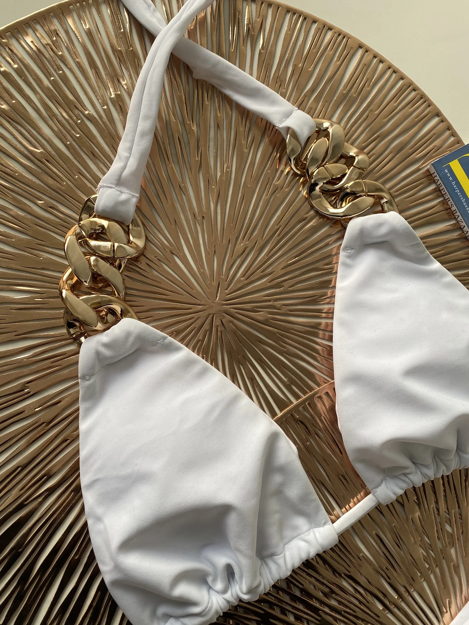 Lady's Inspired Designer Gold Linked Chains Swimwear bikini solid brown white bathing suits girls halter biquinis xl E2057