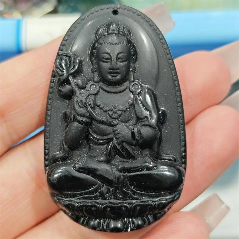 4.9CM Natural Black Obsidian Guanyin Carving Pendant Reiki Healing Fengshui Stone Crafts Home Decoration Holiday Gifts 1PCS