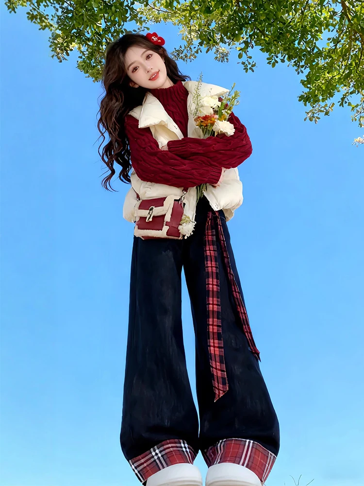 

Winter New Arrival Women's Three-Piece Set Large Size White down Cotton Jacket Red Sweater Wide Leg Pants Fashionable And Warm