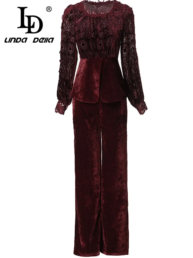 LD LINDA DELLA Autumn and Winter Women\'s Suit Lace Splicing Lantern Sleeved Top+Wide leg pants Black/Red High Street 2 piece set