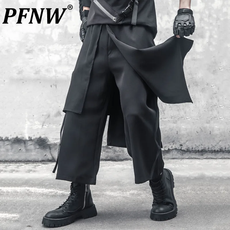 

PFNW Summer Wide Leg Pants Men Loose Straight Layered Patchwork Design Dark Style Trousers Male Bottoms 2024 New Clothing 12C362