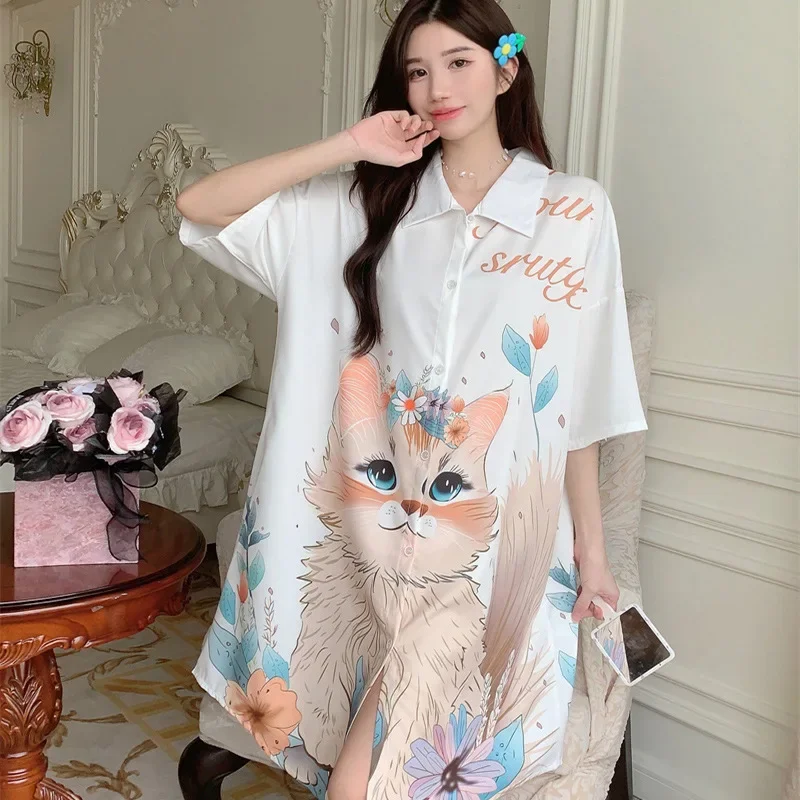 New Women Short Sleeve Ice Silk Sleep Dress Nightgown Plus Size 4XL Pajamas Shirt Fashion Sundress Loose Home Clothes