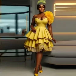 Yellow Evening Dress With Floral Shoulder Long Evening Dresses Sweetheart robe de soiree Lace Midi Prom Gown Satin Layered