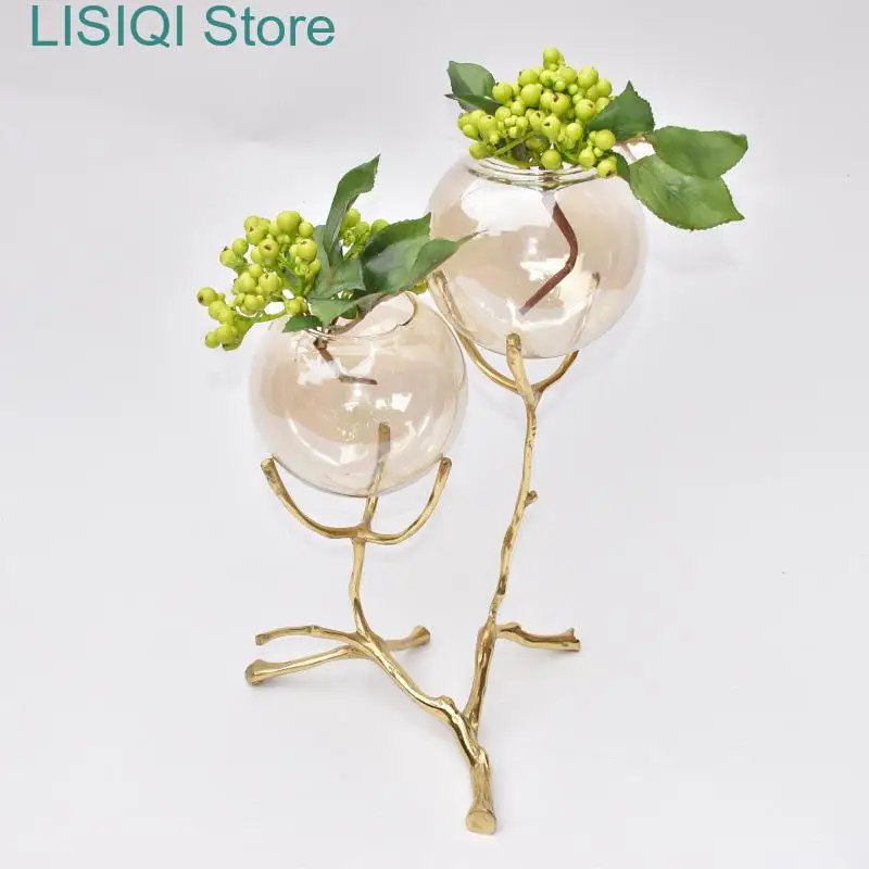 

New Golden Branch Glass Vase Brass Bracket Transparent Flower Arrangement Accessories Flower Vase Flowerpot Decoration