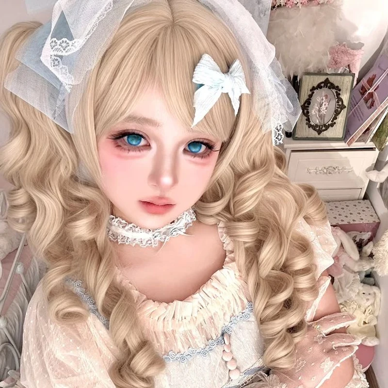 Synthetic Cosplay Women Wigs with Hair Bangs 20inch Black Blonde Wig with Double Wavy Curly Ponytail for Women Daily Cosplay Use