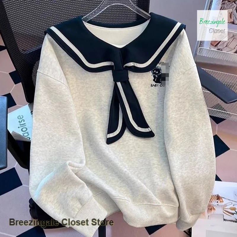 Korean Kitten Embroidered Navy Collar Sweater Women's Spring and Autumn New Fashion Loose Hatless Age-reducing Casual Top