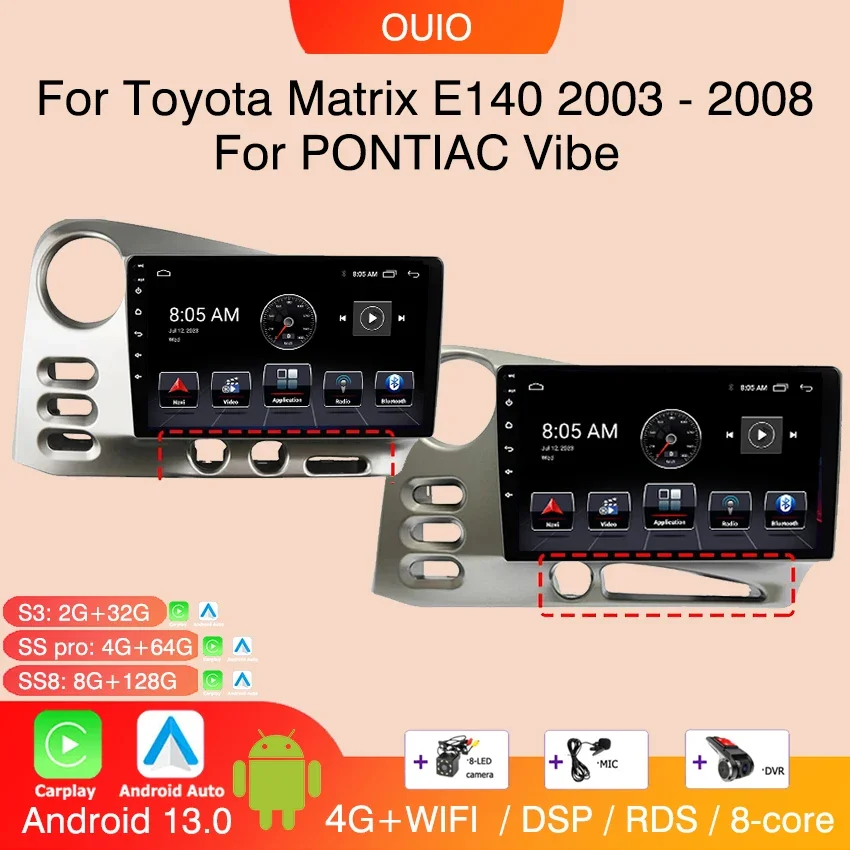 

Android 13 Carplay радио для PONTIAC Vibe 2003 2004 для Toyota Corolla Matrix E140 2003-2008 автомобильное радио android Auto GPS navi