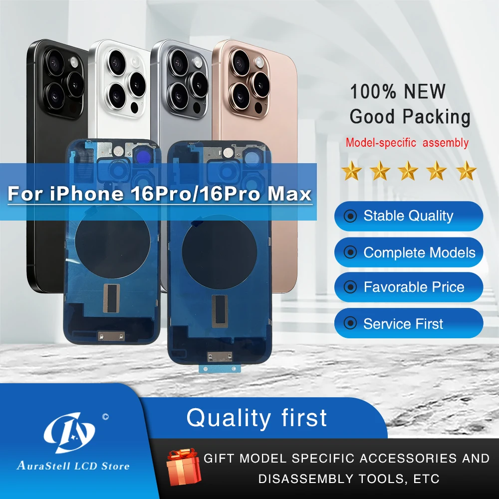 Oryginalna szklana obudowa tylna (back glass) do iPhone 16 Pro / 16 Pro Max z wodoodporną uszczelką, magnesem, osłoną obiektywu aparatu i narzędziami.