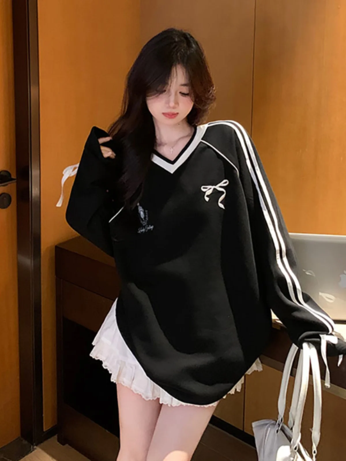 Losse Lange Sve V-Ne Hoodie Dames Plus Size Lente Herfst Buik Die T-shirt Top Amerikaanse Kleur Blo Sport Sle