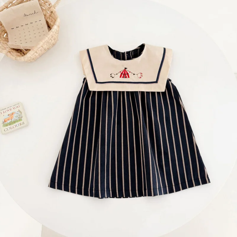 

New children's clothing: navy collar embroidered striped sleeveless vest dress, summer vintage stylish dress for toddlers and yo