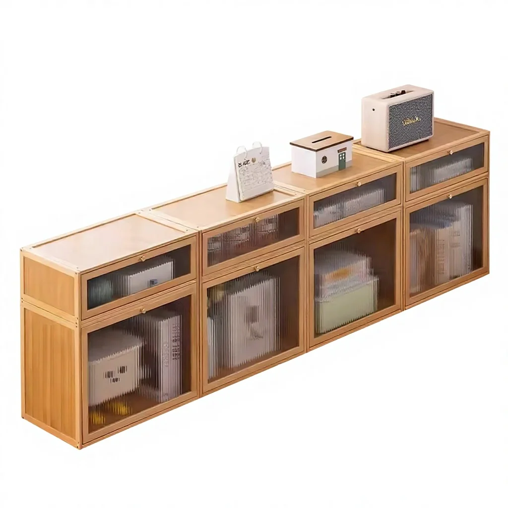#Modern Bamboo Bay Window Balcony Storage Cabinet 5+ Compartments Floor Standing Tatami Long Design Dining Hotel Eco-Friendly