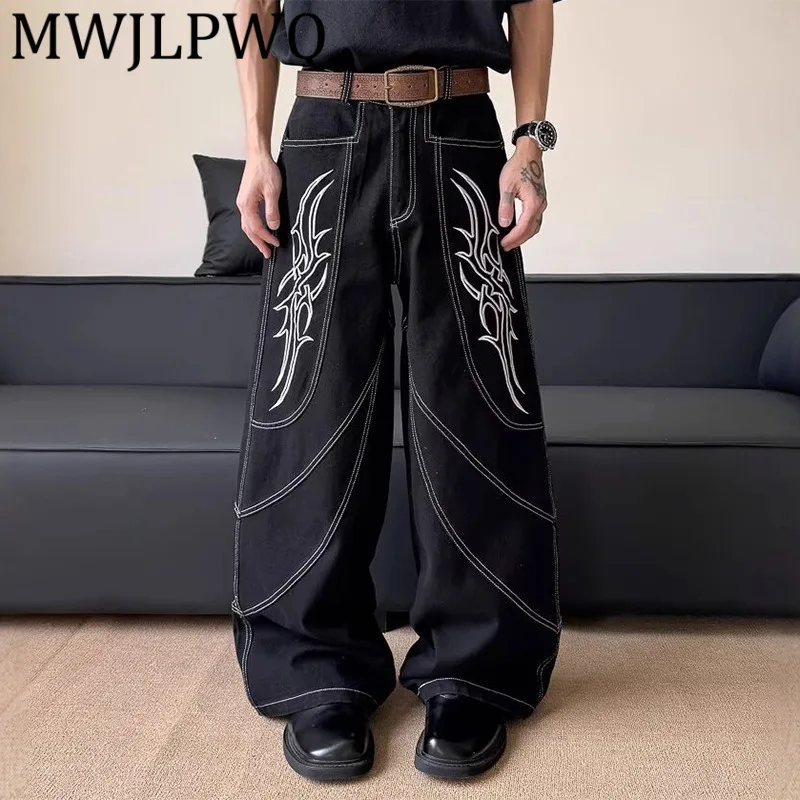 

MWJLPWQ Уникальный деконтрактный дизайн с вышивкой Уличные джинсы Мужские осенние брюки American Looe Повседневные прямые широкие брюки 12019