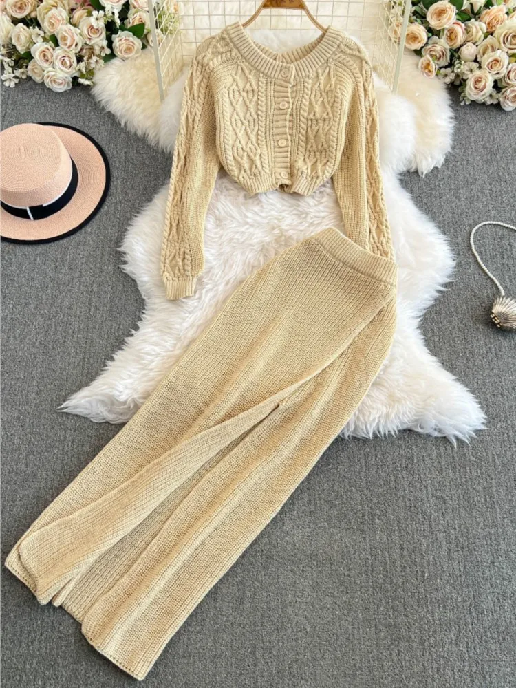 Autumn Women Elegant Casual Knitted Skirt Suit Long Sleeve Short Cardigan Sweater Slim Midi Saya Two Piece Set Female Outfits