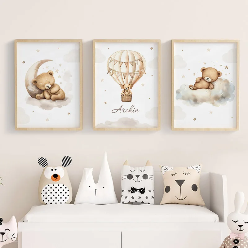 Bear Hot Air Balloon Aircraft Moon Cloud Balloon Nursery Wall Art Canvas Painting Posters & Prints Pictures Baby Kids Room Decor