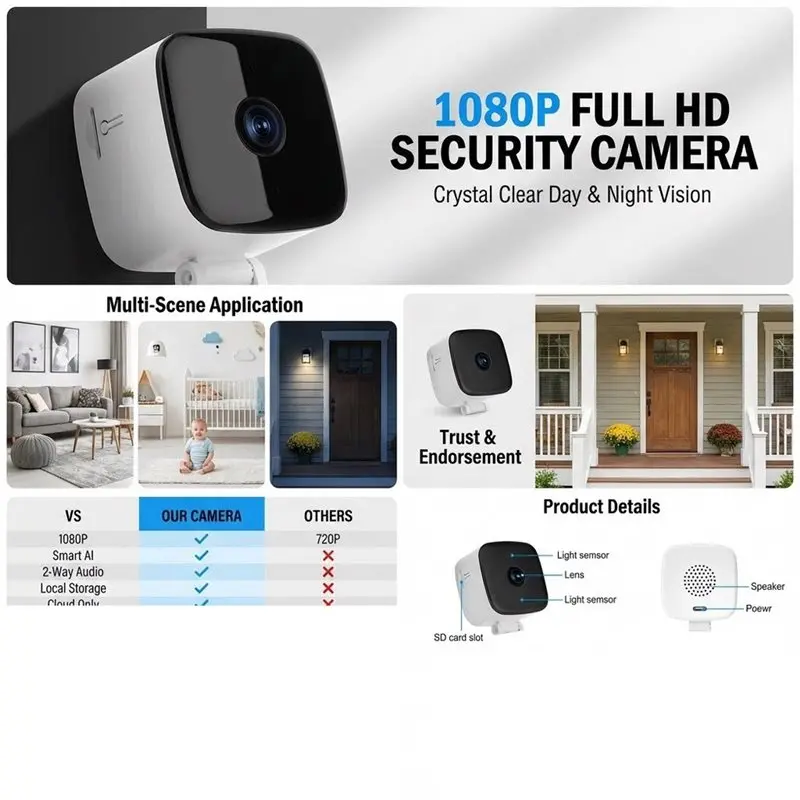 2026 Easy Use Indoor CCTV Wifi Camera 1080P For Home/Baby Pet Monitoring Motion Detection APP Controlled Security System For