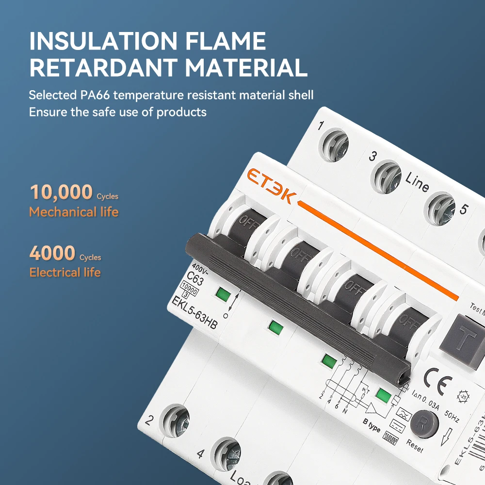 Imagem -03 - Etek-tipo b Rcbo Disjuntor Automático Residual sobre a Proteção Atual do Vazamento 30ma Ekl5 10ka 3p Mais n 4p 40a 63a