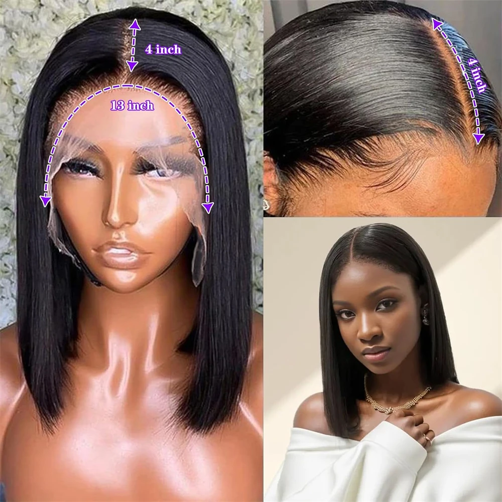 Perruque Bob Lace Front Wig Brésilienne Naturelle, Cheveux Lisses, 13x4, 200%, Transparente HD, pour Femme Africaine