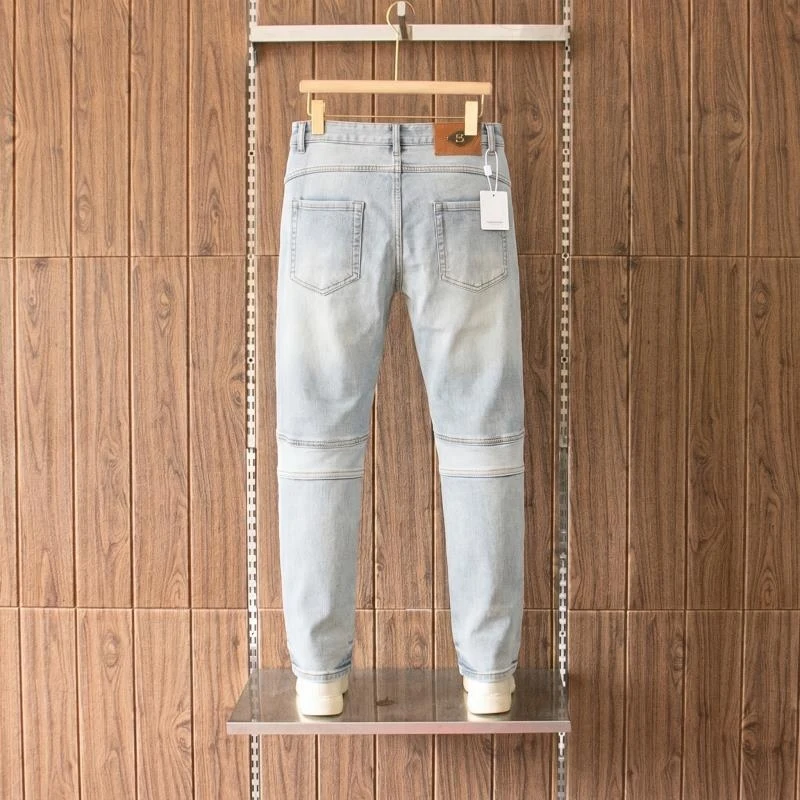 Men's Long Denim Pants American Streetwear Style Retro Biker Unique Patchwork Soft Stretch Vintage Slim Tapered Stylish Jeans