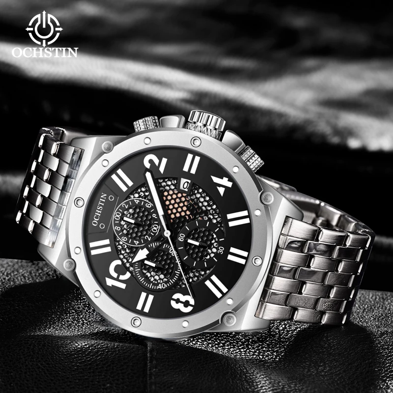 OCHSTIN Casual Aviation Male Quartz Timepiece Practical Multi-function Quartz Movement Stainless Steel Strap Waterproof Clock