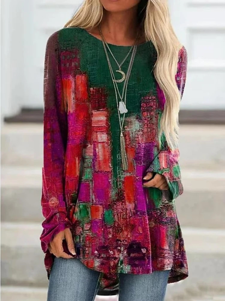 Winter Lange Mouw T-Shirt Mode Dames Kleding Ronde Hals En Lange Mouw T-Shirt Met Print Top Herfst Los T-Shirt
