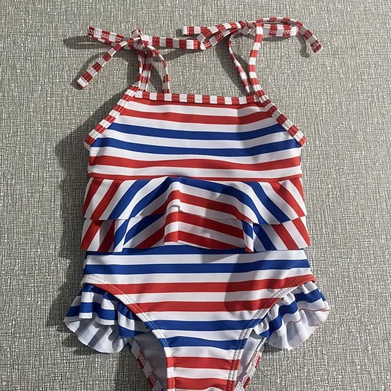Baby Girl Halter One Piece Swimsuit US Flag Popsicle Pattern Ruffle Frill Kids Summer Swimming Costume Beach Wear