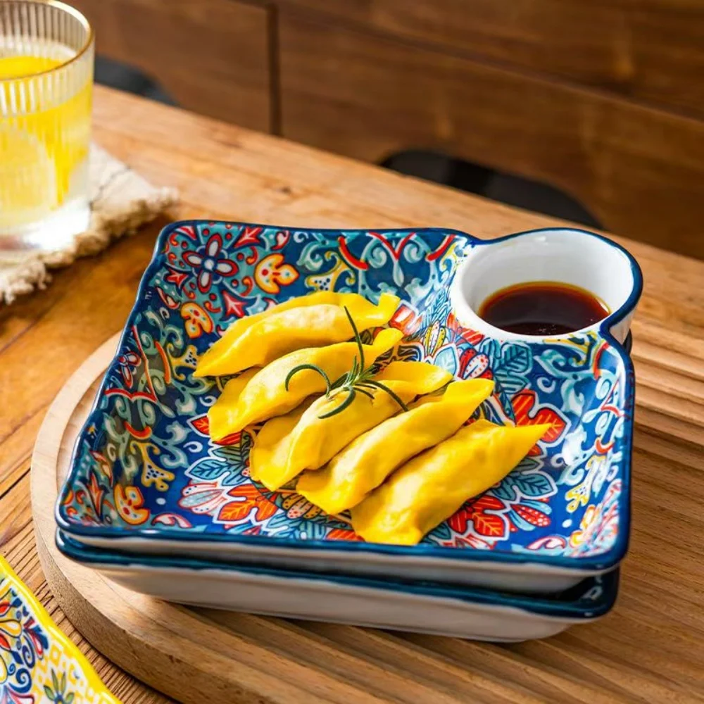 Bohemian dumpling plate with vinegar dish, household ceramic plate, segmented breakfast plate, high-end dumpling-specific plate view 5