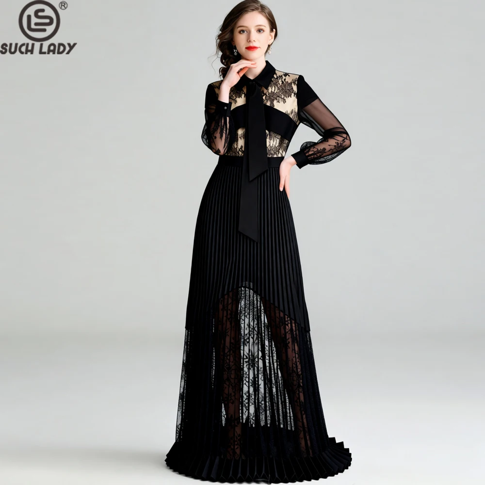

Elegant Black Long Sleeve Maxi Dress with Lace Patchwork, Pleated Skirt, and Bow Collar for Evening Party