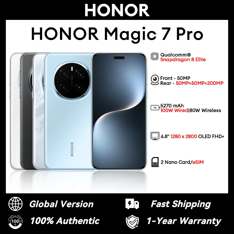 الإصدار العالمي Honor Magic 7 Pro Snapdragon ® 8 Elite 6.8 بوصة 1280 × 2800 OLED 50MP*3+200MP 100W 5270mAh NFC #1
