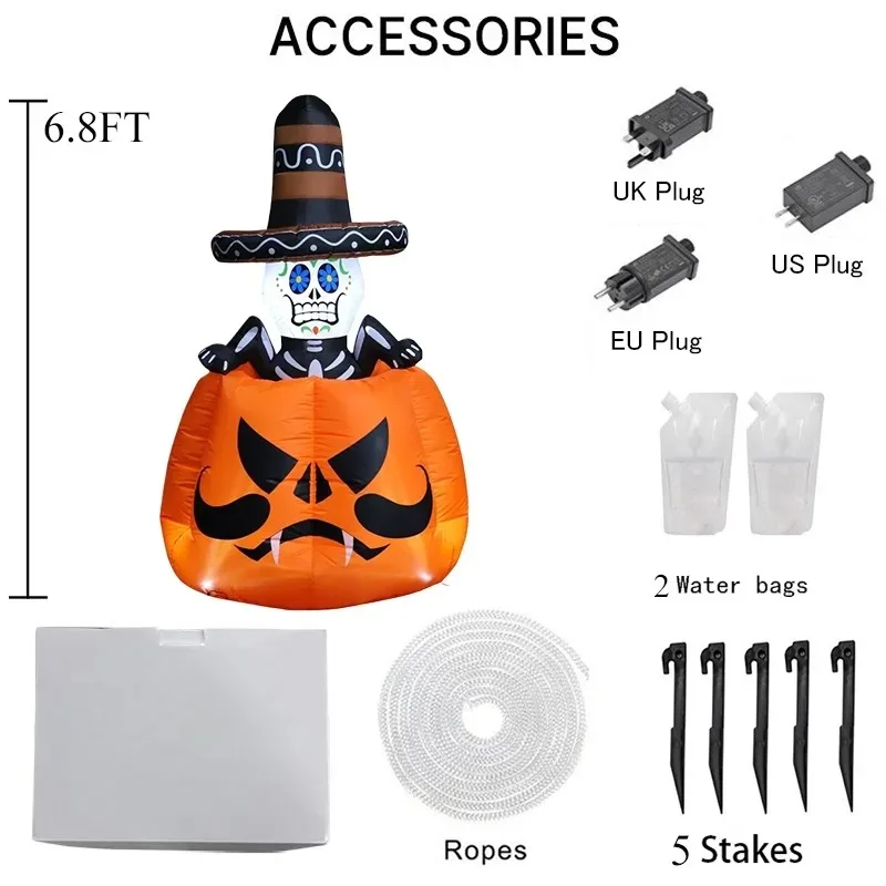 Juguete inflable de Halloween de 6,8 pies, esqueleto animado para hombre en la calabaza, inflable con LED integrados, decoración de jardín y patio al aire libre