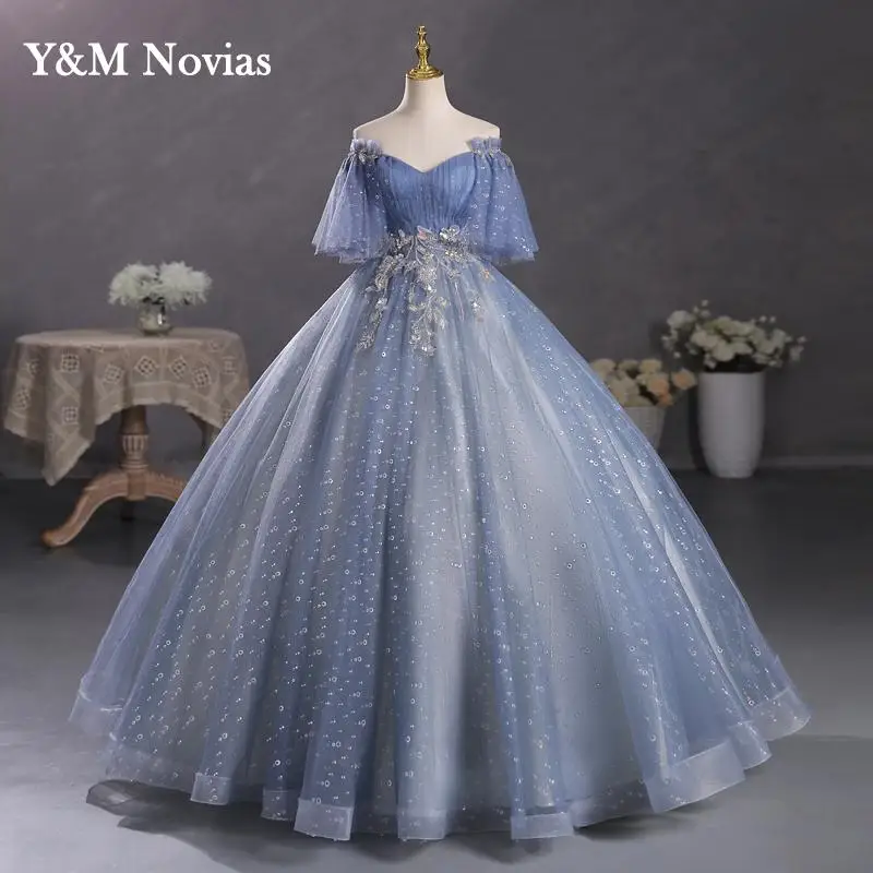 Y&M New Gray Blue Quinceanera Dresses Plus Size Ball Gowns With Sleeves Puffy Dresses For Prom Sweet 16 Dress Vestido De 15anos