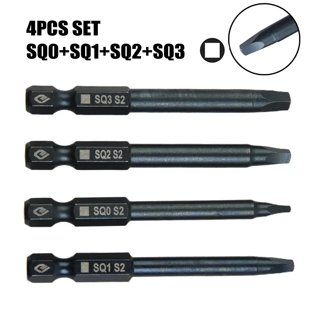 4pcs 65mm SQ0 SQ1 SQ2 Square Head Screwdriver Bits Set 1/4Inch Shank  Magnetic Screw Driver Electric Screwdriver Bits Hand Tool